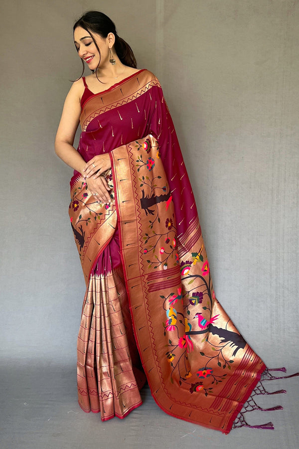 Women's Magenta Wine Paithani Big Border Zari Woven Saree - TASARIKA