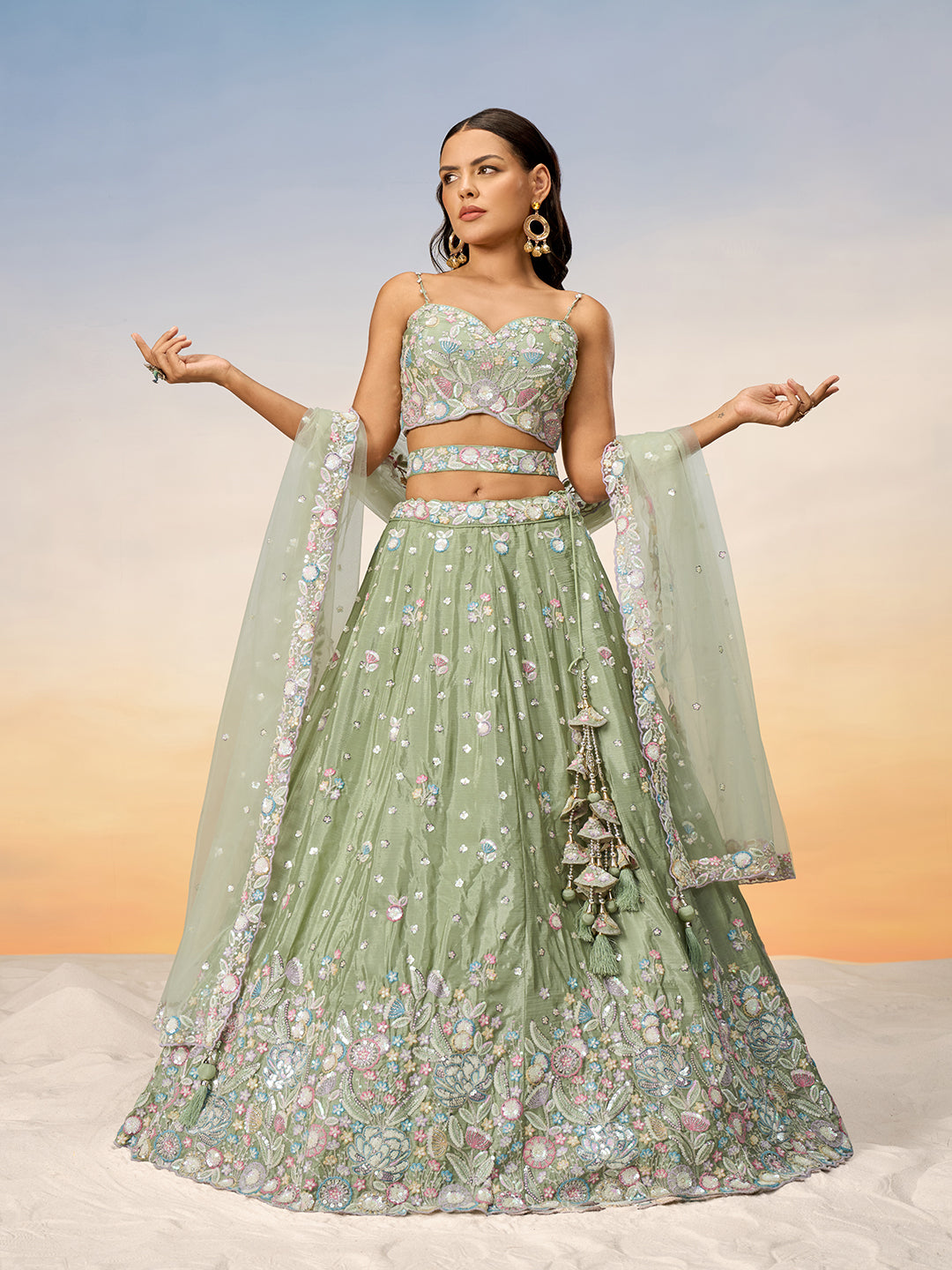 Women's Lime Green Chiffon Sequins And Thread Embroidery Semi-Stitched Lehenga Choli & Dupatta - Royal Dwells