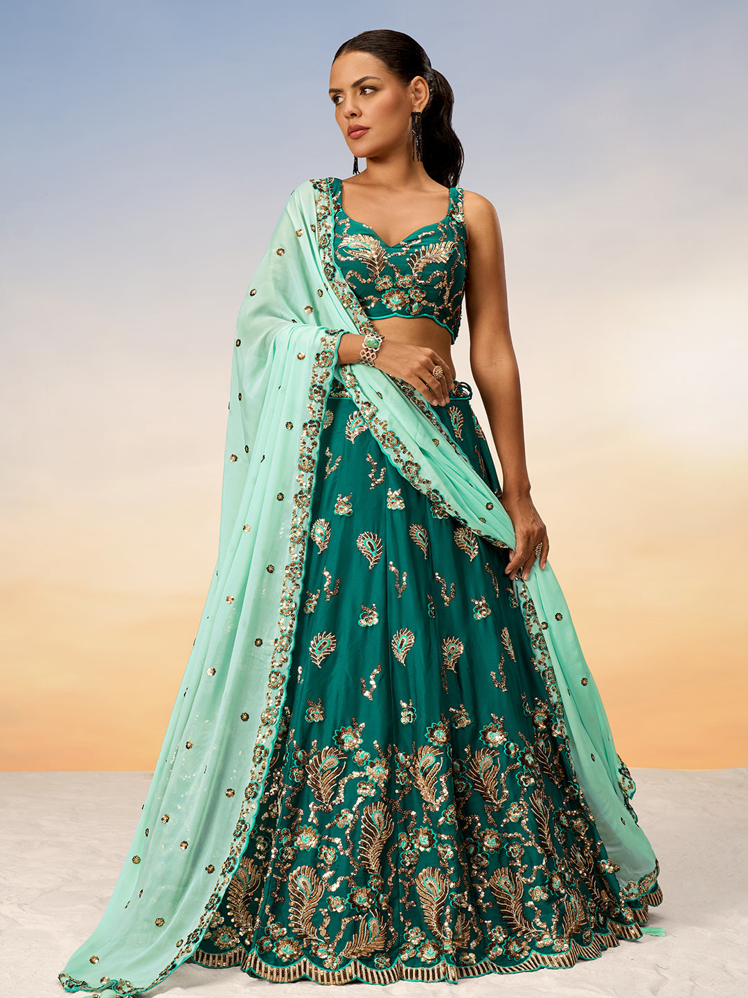 Women's Green Pure Georgette With Heavy Sequins Embroidery Semi-Stitched Lehenga Choli & Dupatta - Royal Dwells