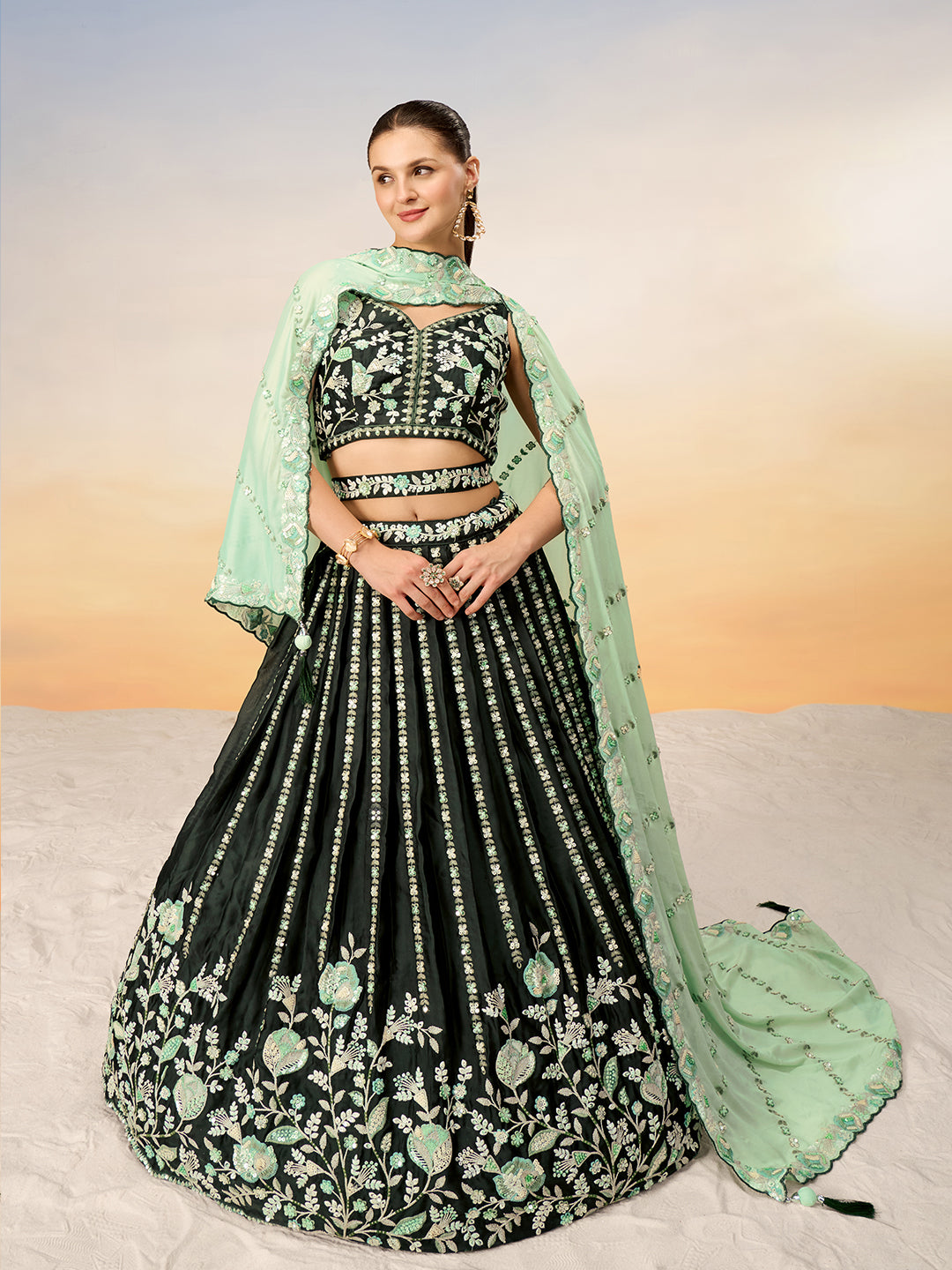 Women's Green Satin Sequins With Heavy Sequins Embroidery Semi-Stitched Lehenga Choli & Dupatta - Royal Dwells