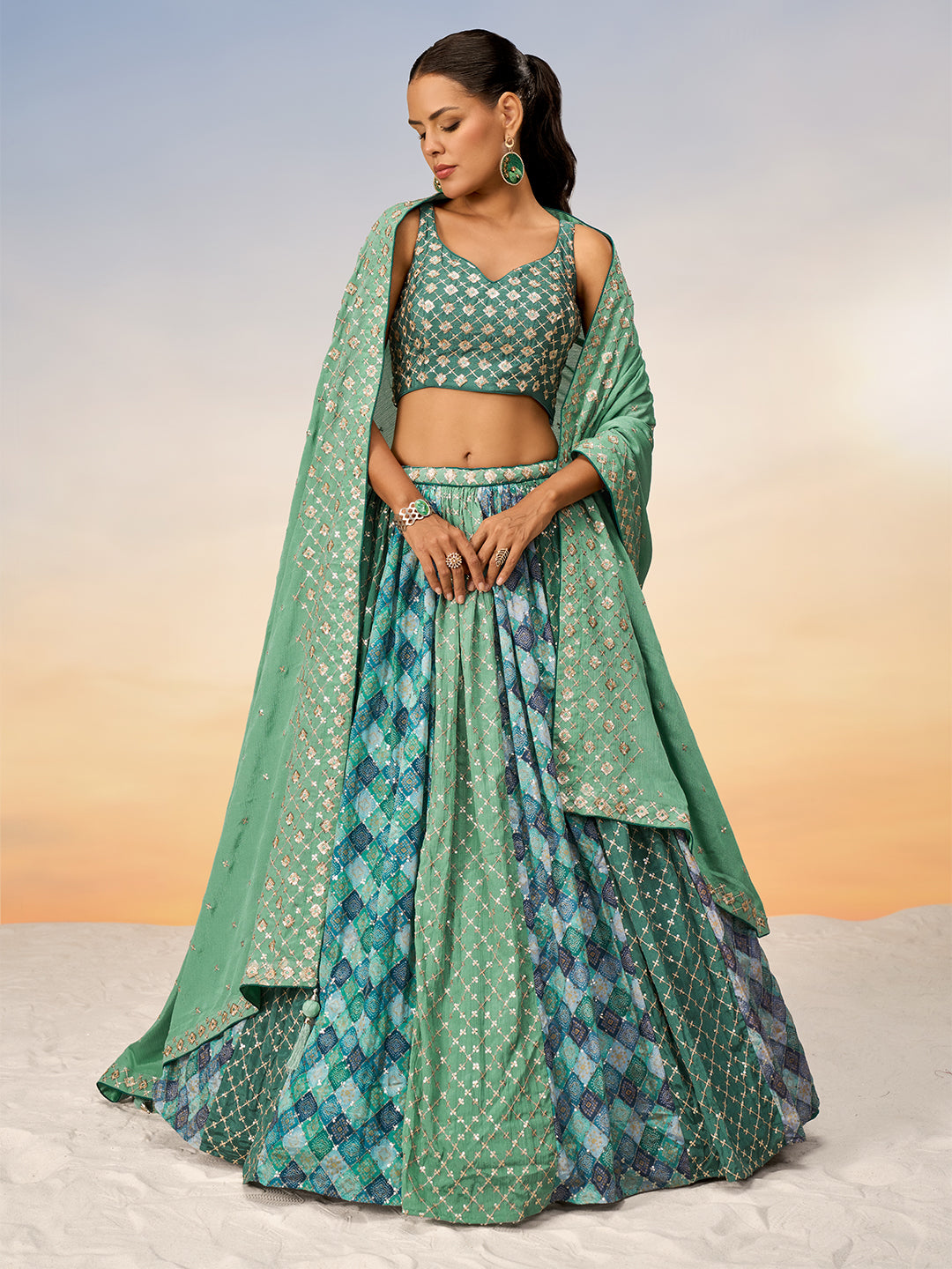 Women's Lime Green Pure Chiffon Position Print With Sequins Embroidery Semi-Stitched Lehenga Choli & Dupatta - Royal Dwells