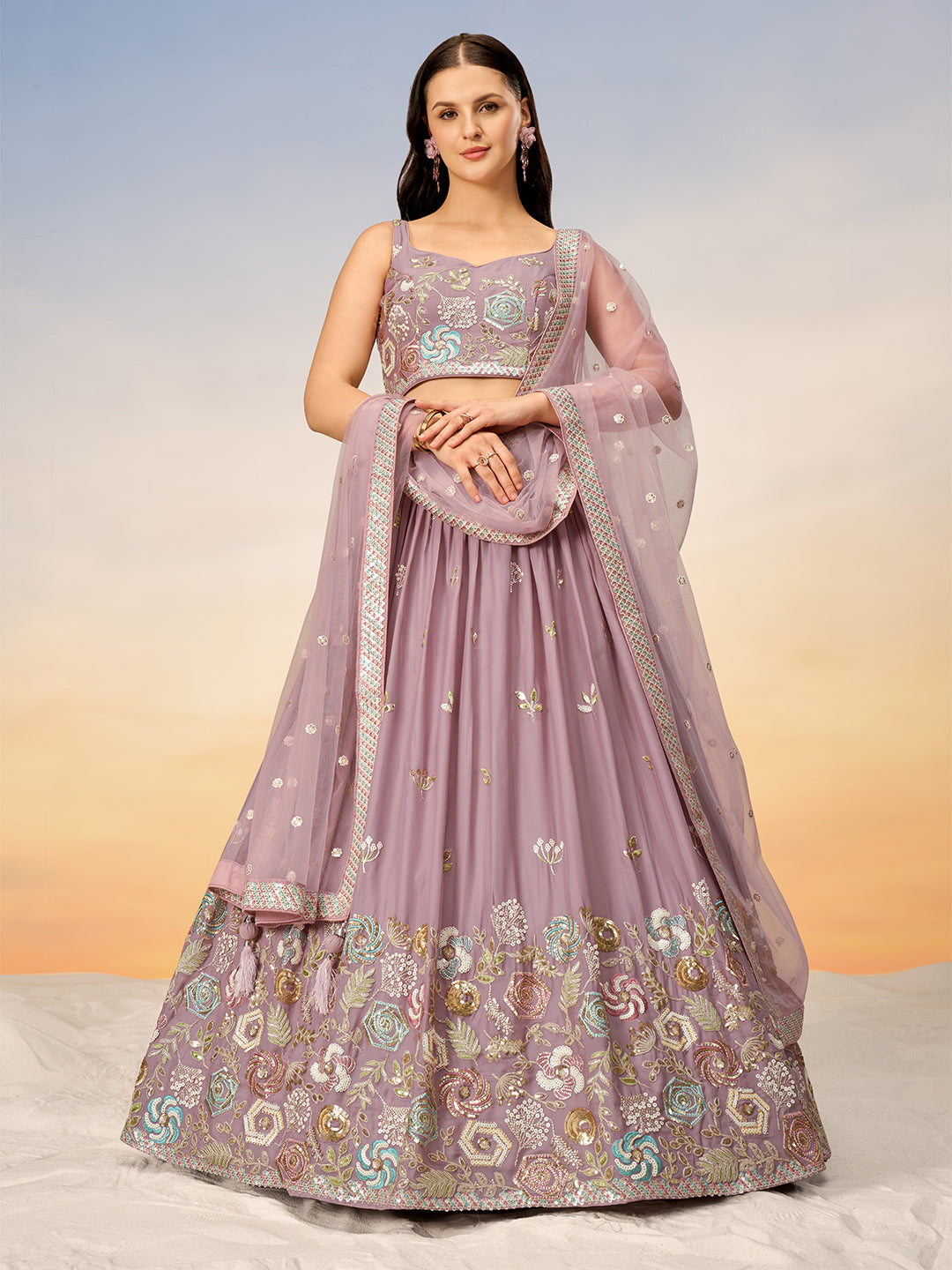 Women's Mauve Pure Georgette Sequins Embroidery Semi-Stitched Lehenga Choli & Dupatta - Royal Dwells