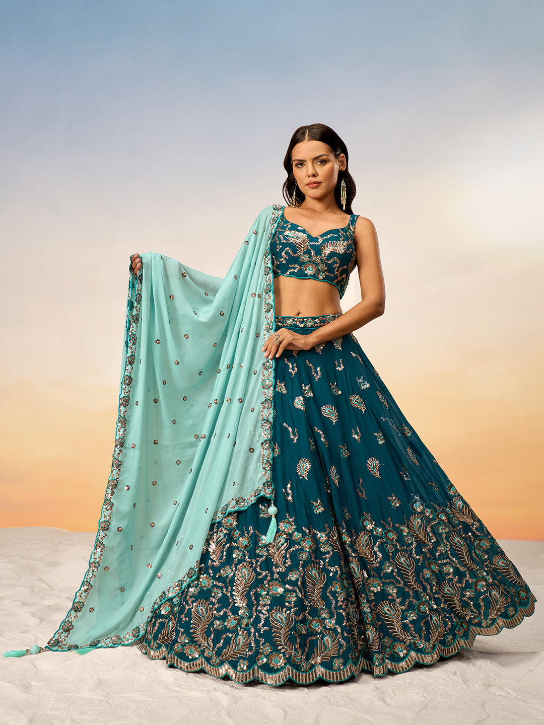 Women's Teal Pure Georgette With Heavy Sequins Embroidery Semi-Stitched Lehenga Choli & Dupatta - Royal Dwells