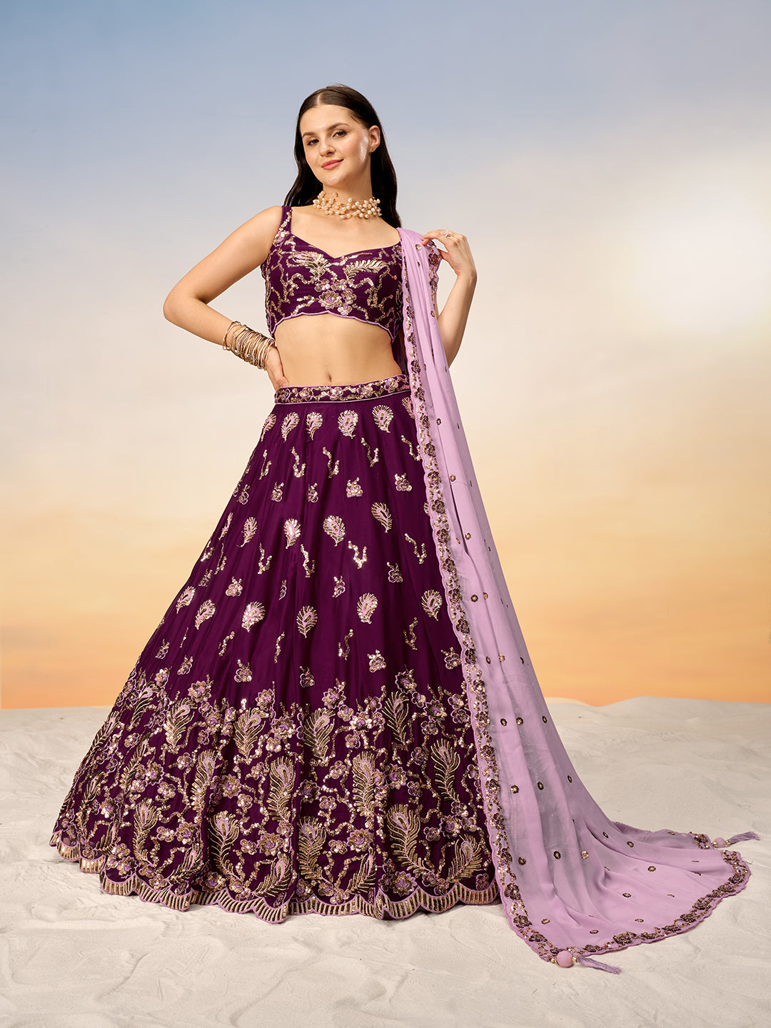 Women's Burgundy Pure Georgette With Heavy Sequins Embroidery Semi-Stitched Lehenga Choli & Dupatta - Royal Dwells