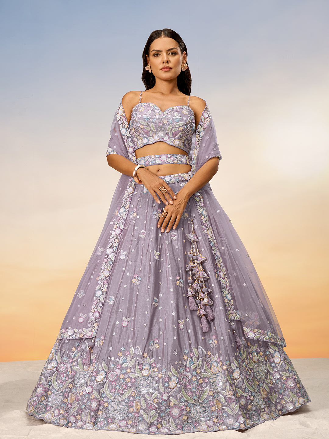 Women's Mauve Chiffon Sequins And Thread Embroidery Semi-Stitched Lehenga Choli & Dupatta - Royal Dwells