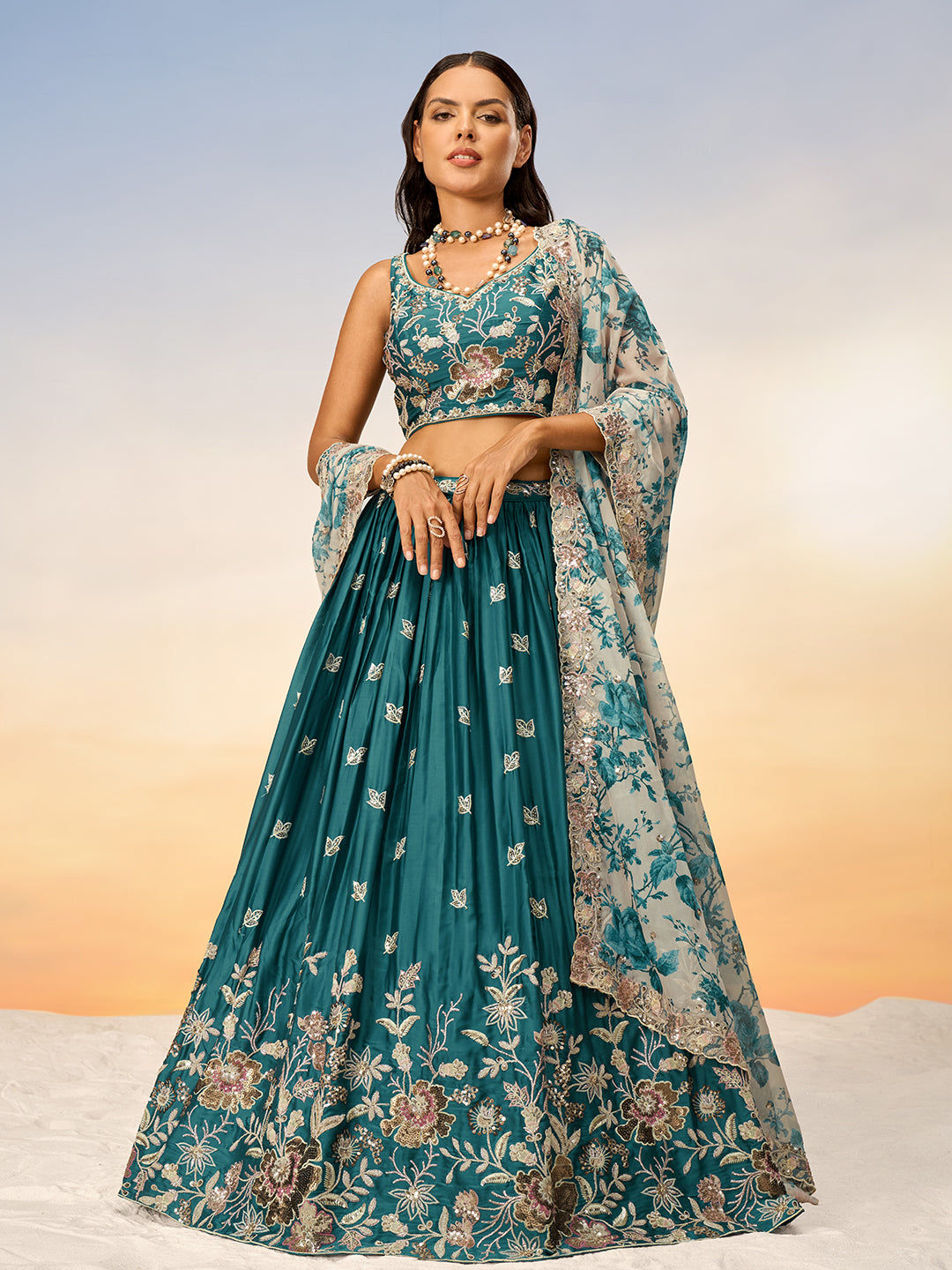 Women's Teal Satin Silk Sequins Embroidery Semi-Stitched Lehenga Choli & Dupatta - Royal Dwells