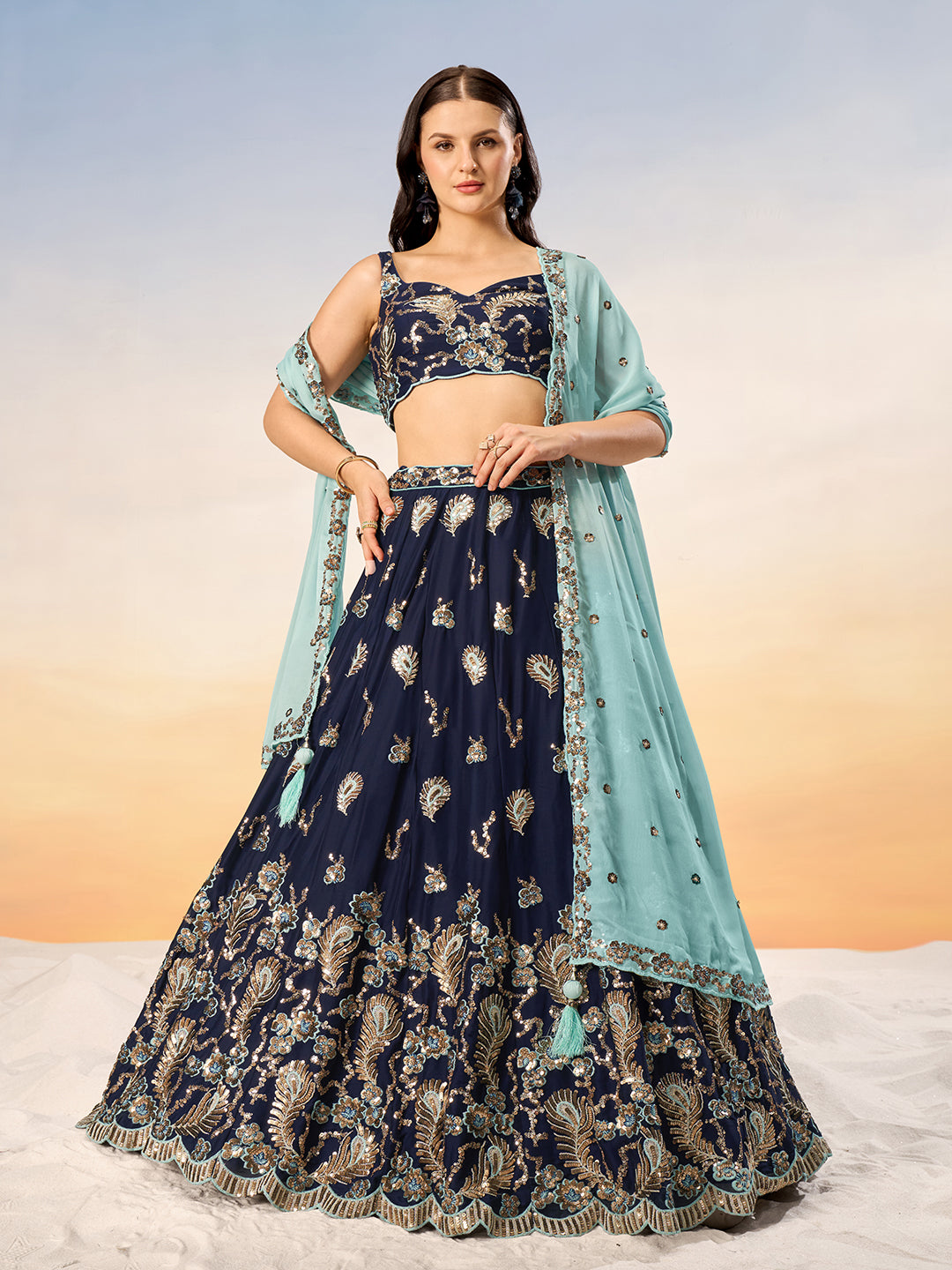 Women's Navy Blue Pure Georgette With Heavy Sequins Embroidery Semi-Stitched Lehenga Choli & Dupatta - Royal Dwells