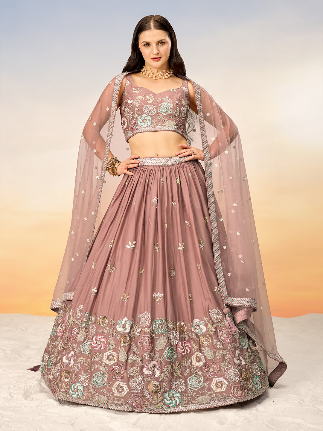 Women's Rose Gold Pure Georgette Sequins Embroidery Semi-Stitched Lehenga Choli & Dupatta - Royal Dwells