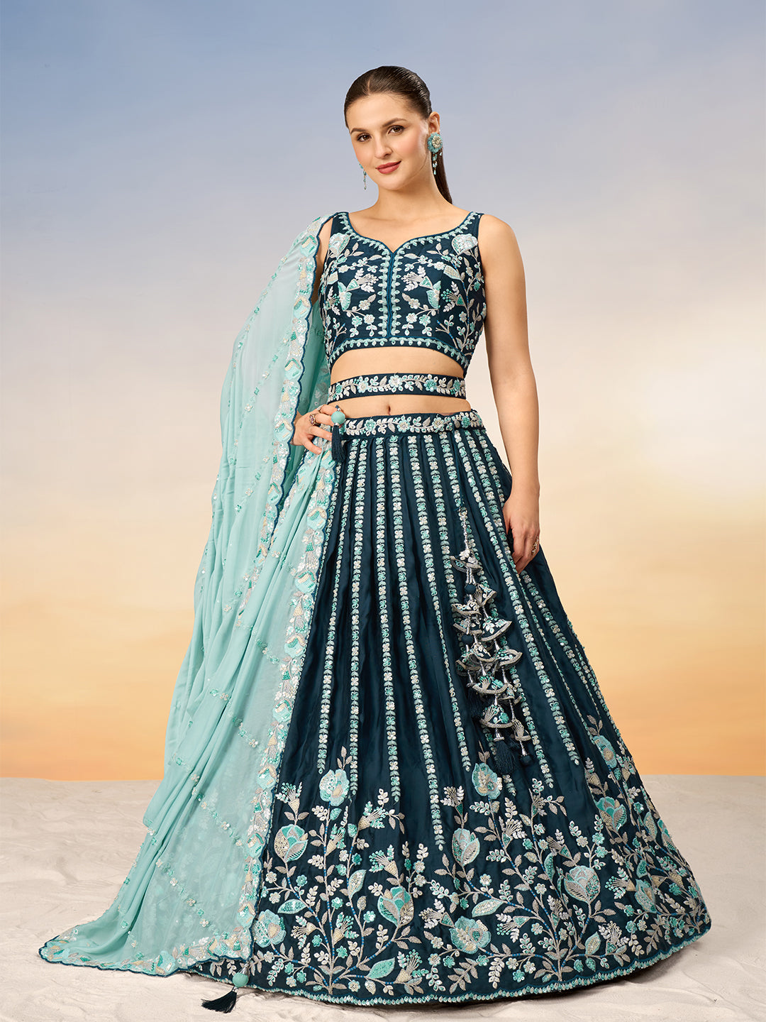 Women's Teal Satin Sequins With Heavy Sequins Embroidery Semi-Stitched Lehenga Choli & Dupatta - Royal Dwells