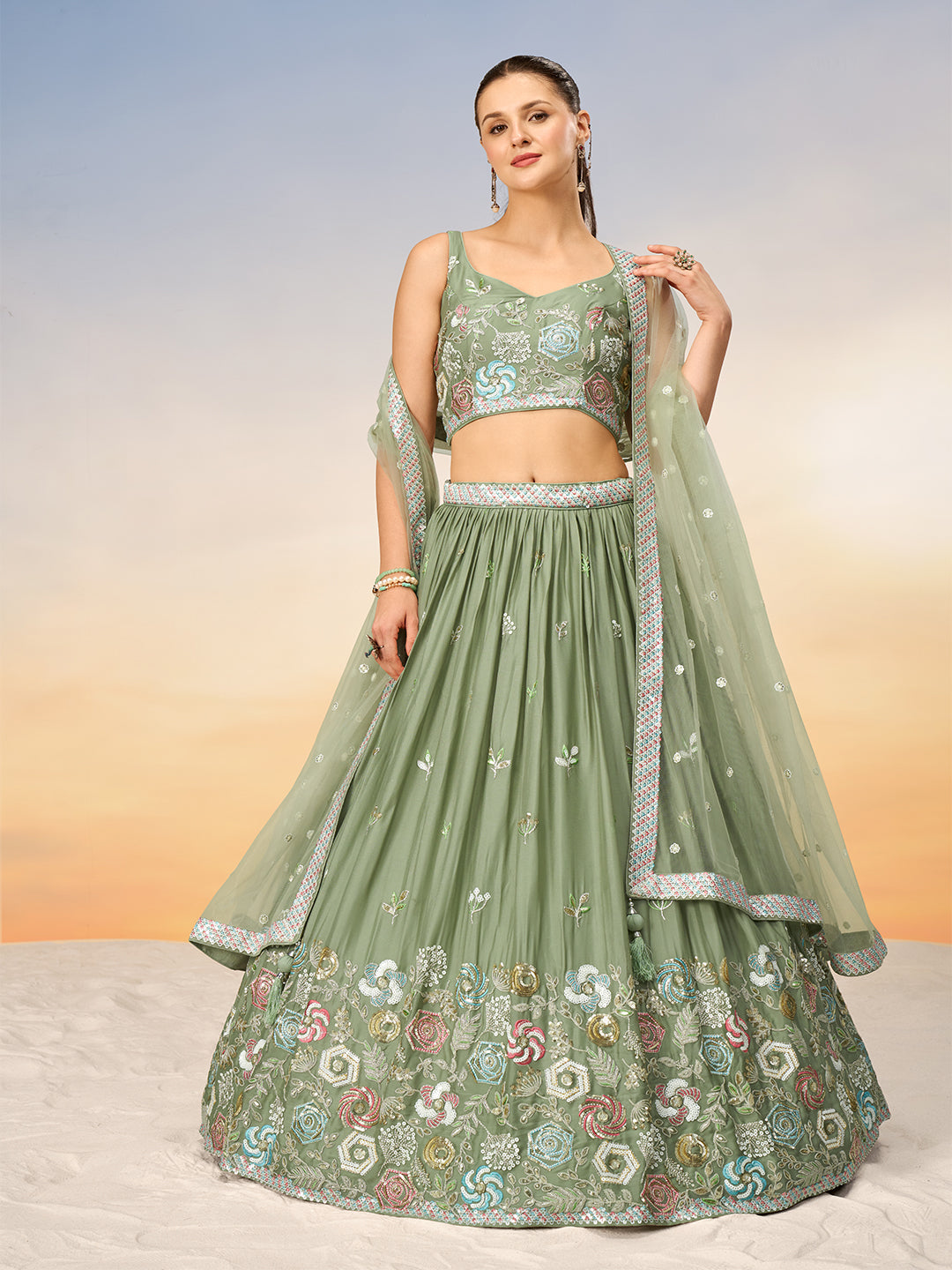 Women's Lime Green Pure Georgette Sequins Embroidery Semi-Stitched Lehenga Choli & Dupatta - Royal Dwells