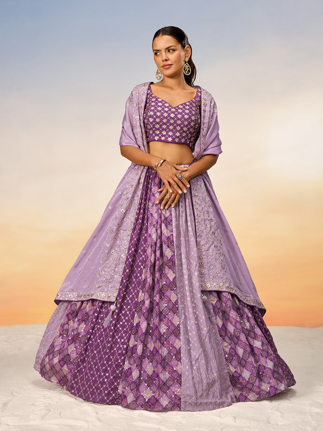 Women's Lavender Pure Chiffon Position Print With Sequins Embroidery Semi-Stitched Lehenga Choli & Dupatta - Royal Dwells