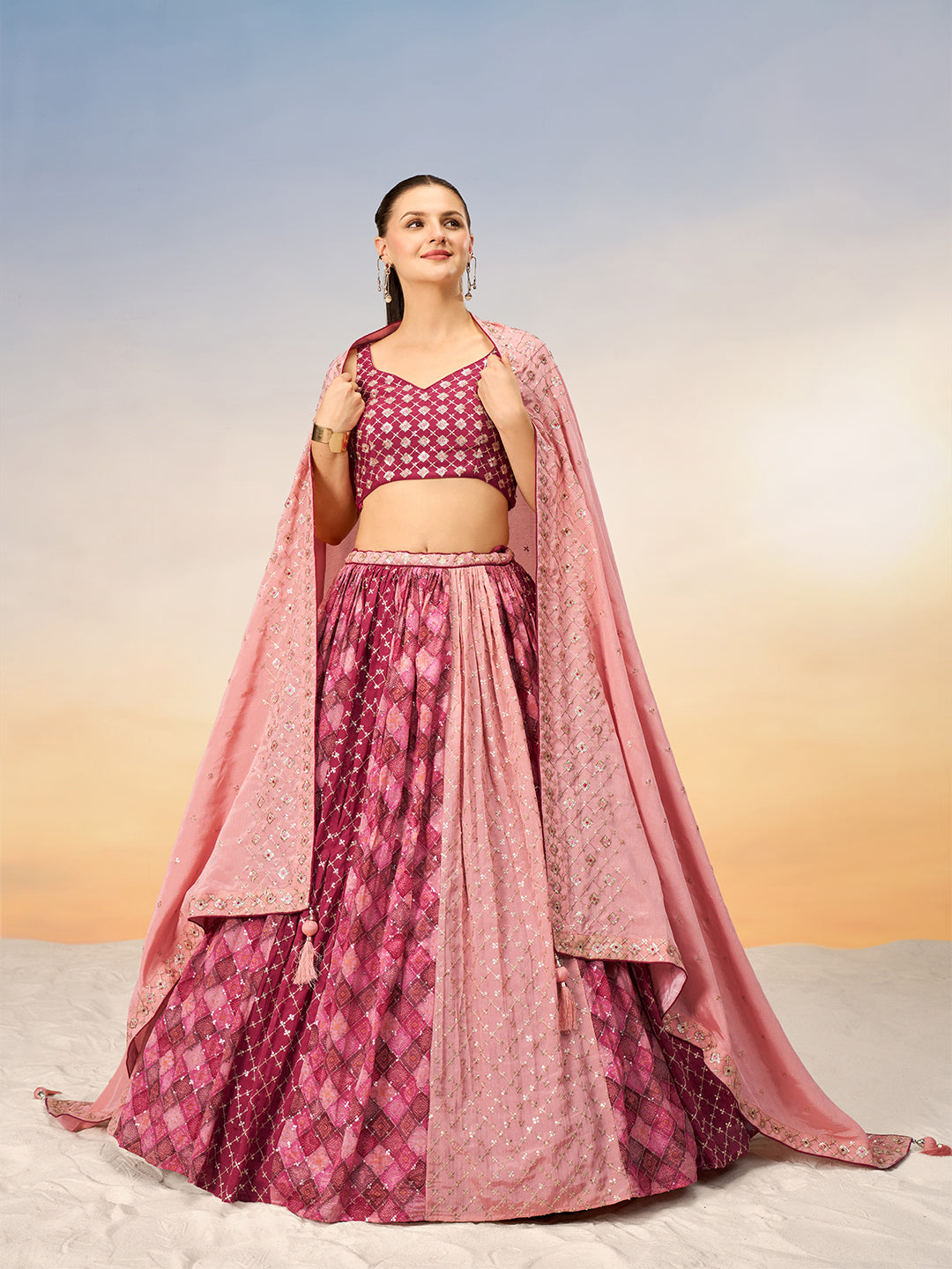 Women's Pink Pure Chiffon Position Print With Sequins Embroidery Semi-Stitched Lehenga Choli & Dupatta - Royal Dwells