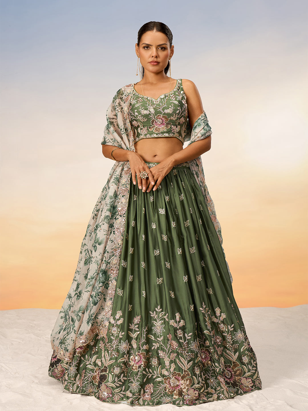 Women's Olive Satin Silk Sequins Embroidery Semi-Stitched Lehenga Choli & Dupatta - Royal Dwells