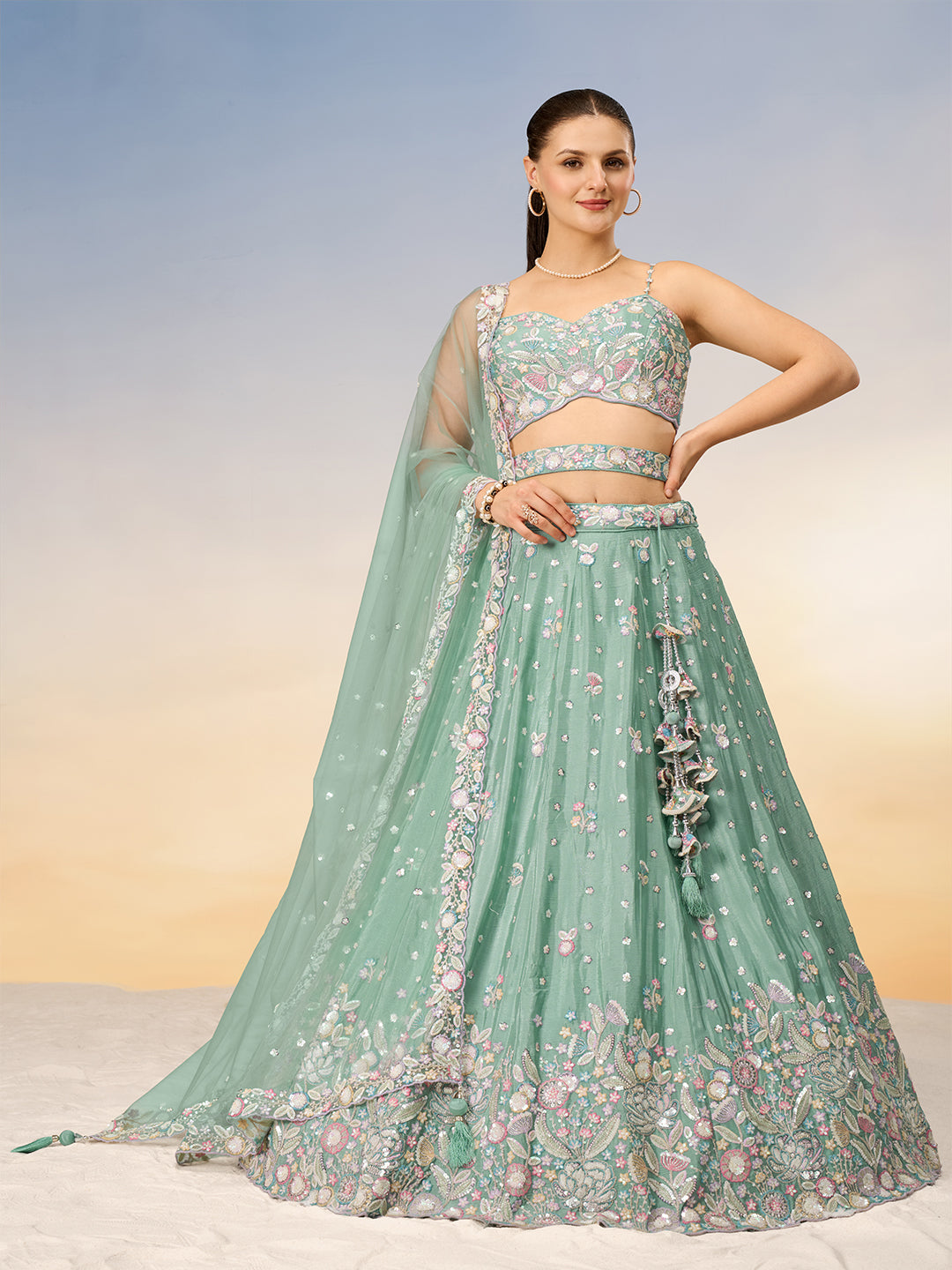 Women's Sea Green Chiffon Sequins And Thread Embroidery Semi-Stitched Lehenga Choli & Dupatta - Royal Dwells