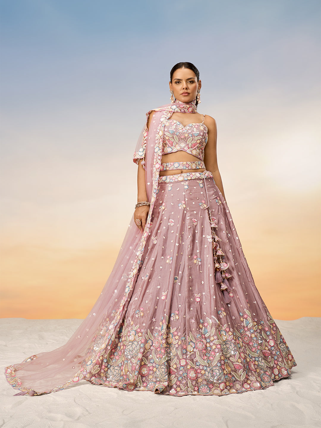 Women's Rose Gold Chiffon Sequins And Thread Embroidery Semi-Stitched Lehenga Choli & Dupatta - Royal Dwells