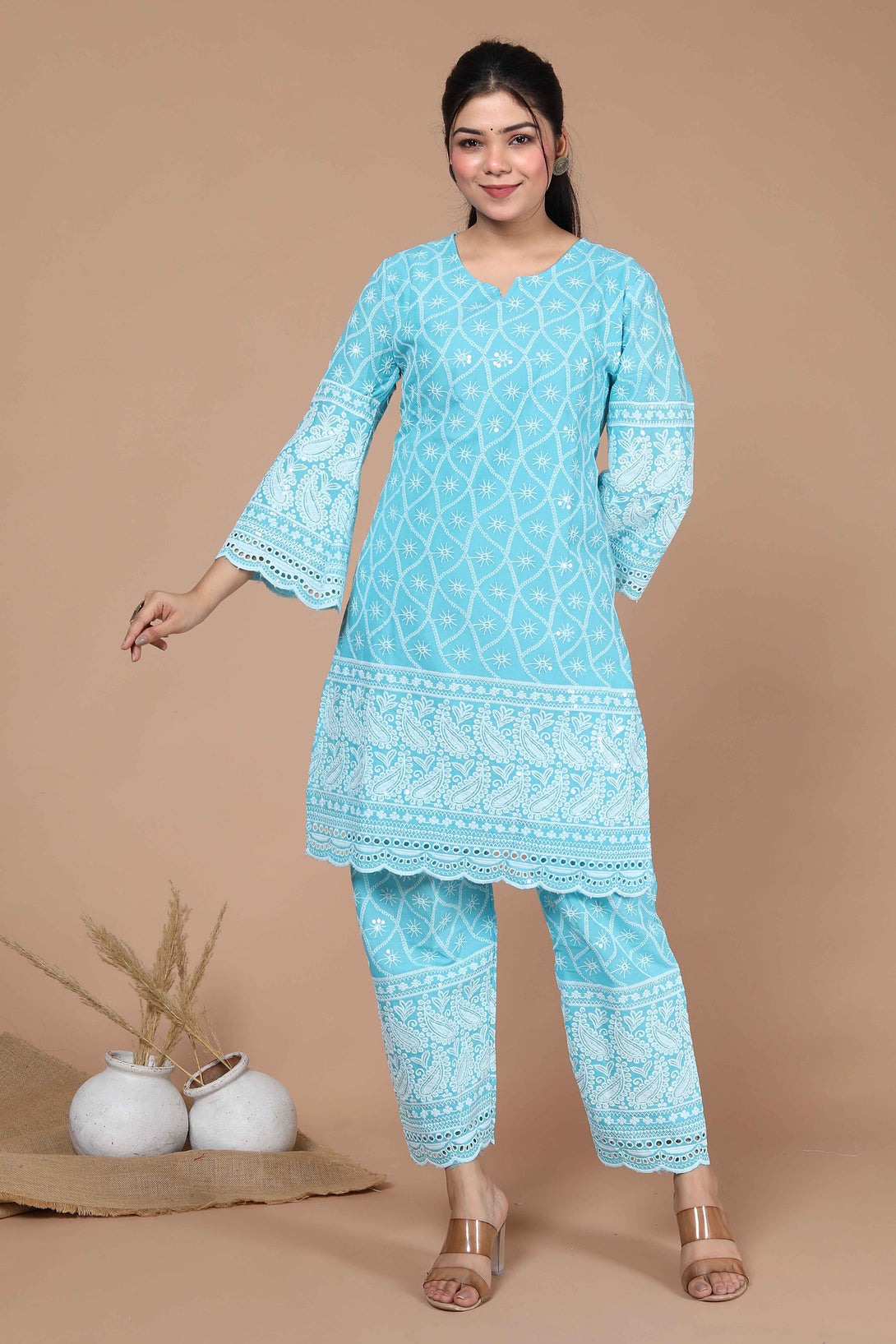 Women's Blue & White Ethnic Motifs Chikankari Cotton Kurta & Palazzo - Miravan