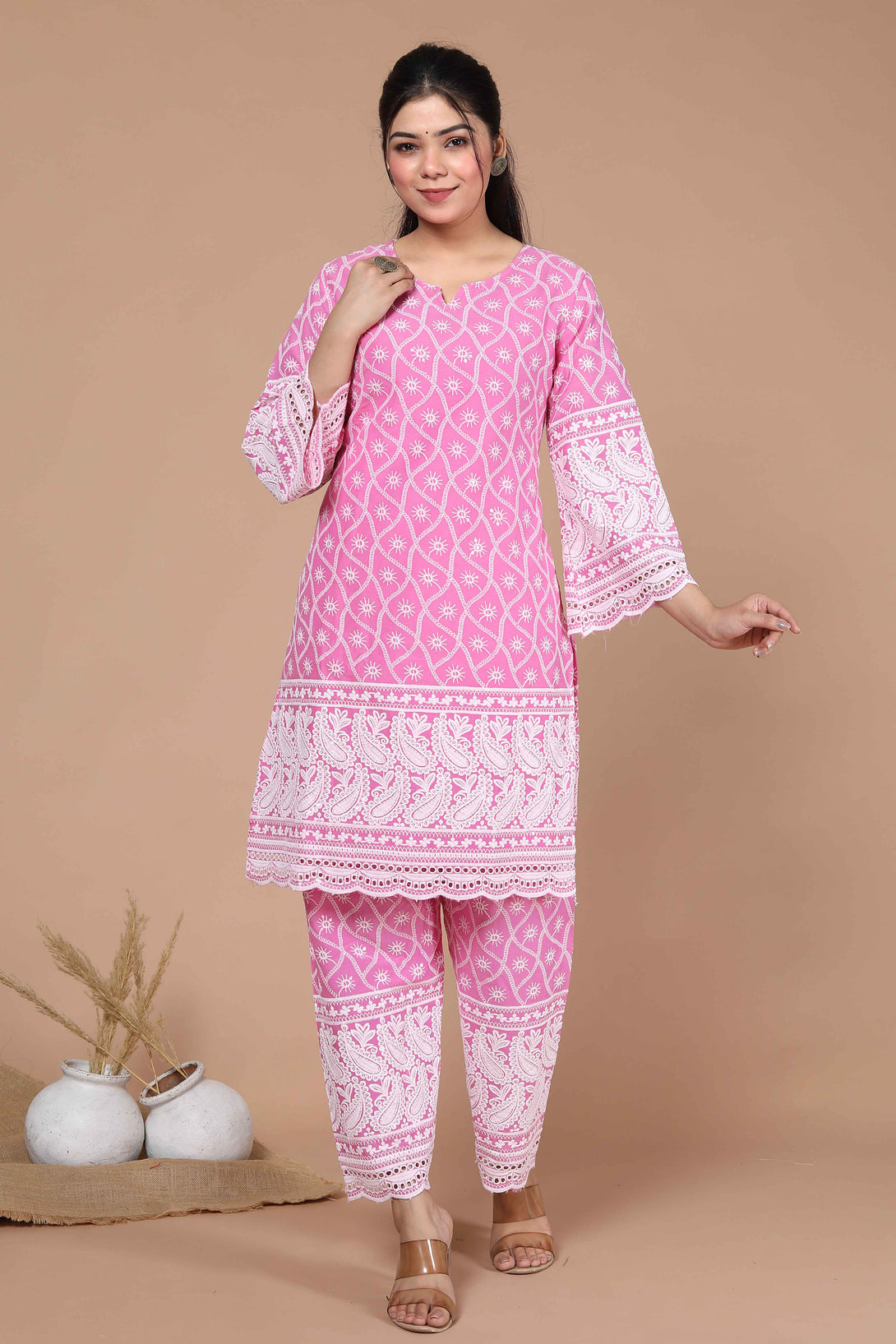 Women's Pink Lucknowi Embroidered & Thread Sequins Work, Cotton Kurta Palazzo - Miravan