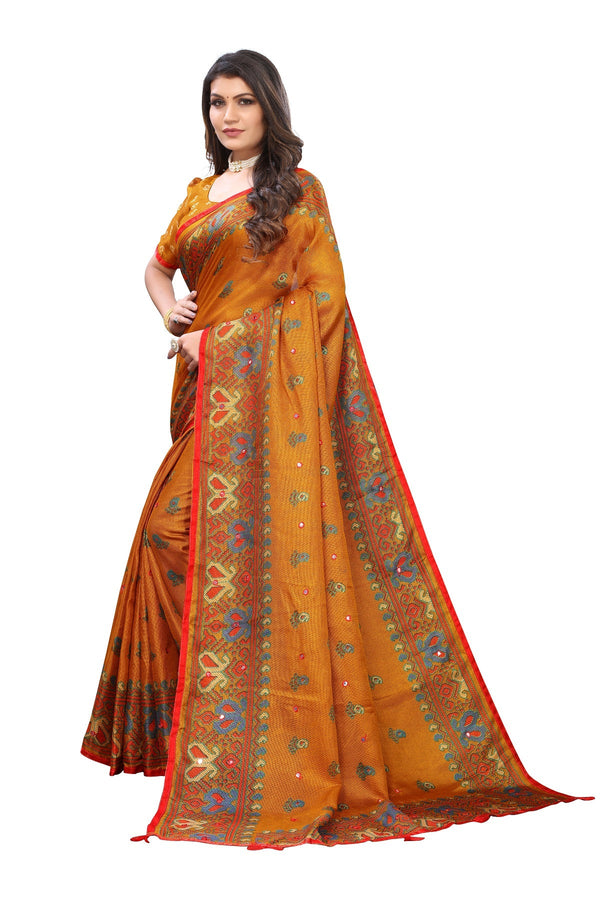 Vamika Mustard Jute Silk Mirror Work Saree