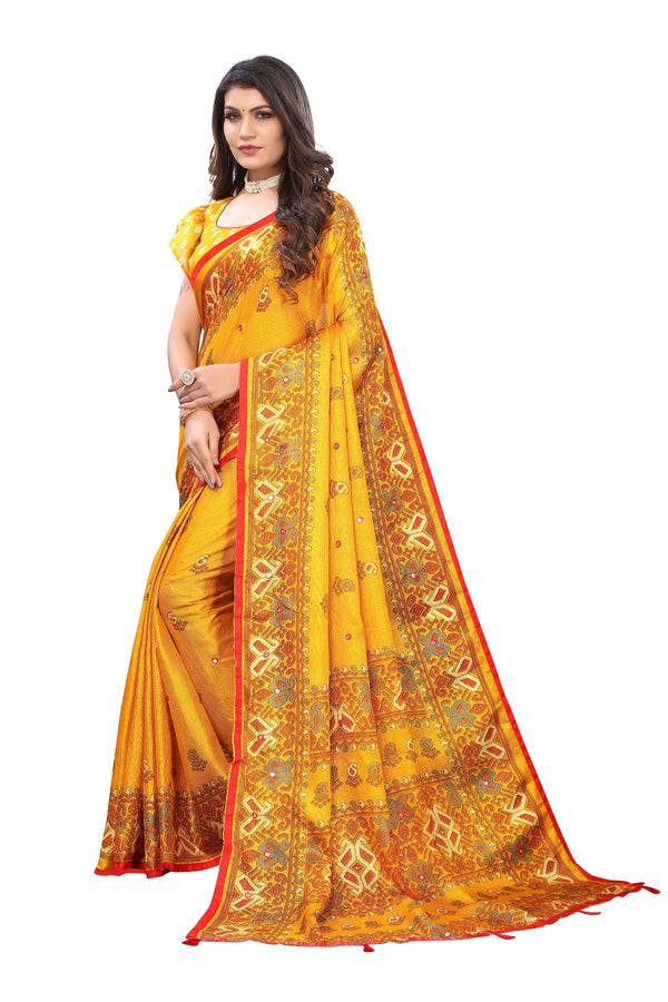 Vamika Yellow Jute Silk Mirror Work Saree