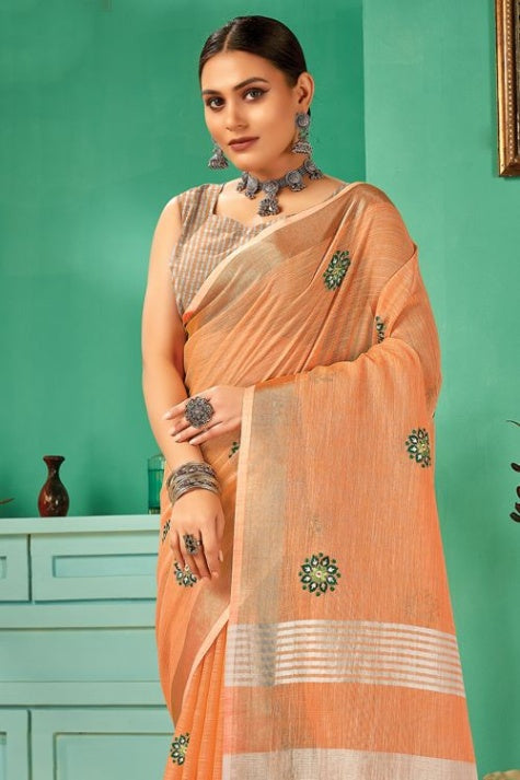 Women's Cantaloupe Orange Linen Saree - Karagiri