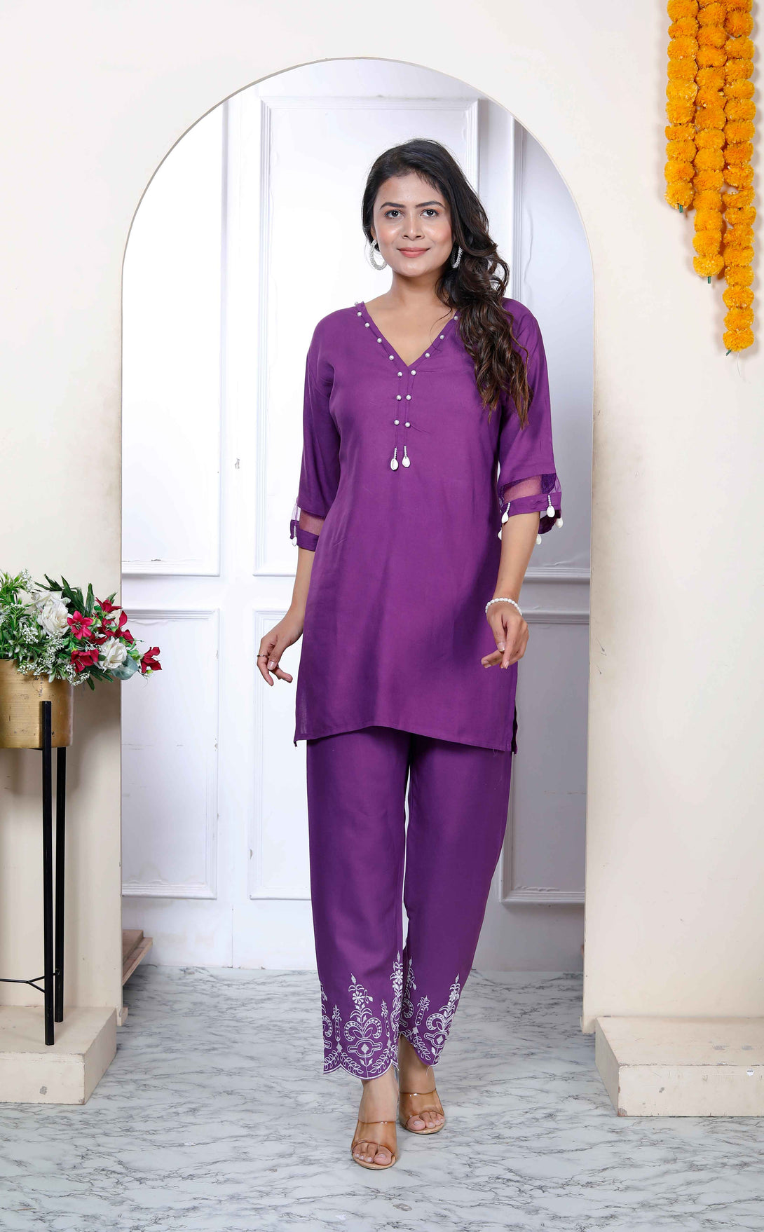 Women's Purple Rayon Solid Kurta Set - Doriyaan