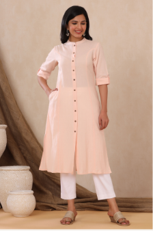 Women's Peach Cotton Flex Solid A-Line Kurta - Juniper