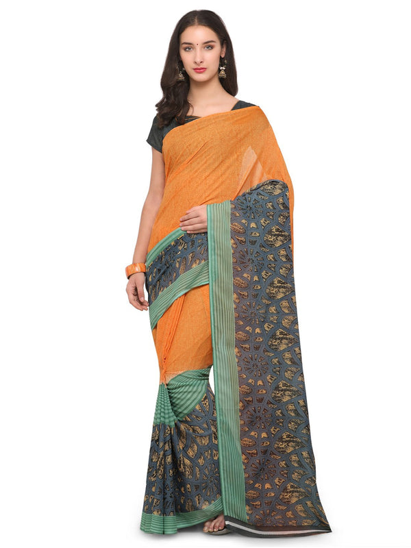 Women's Yellow Cotton Blend Printed Saree - Ahika