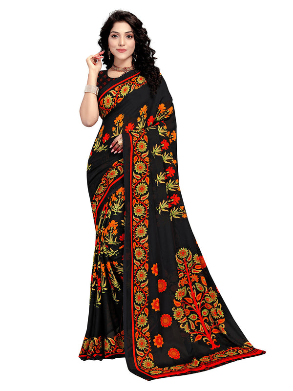 Women's Black Georgette Printed Saree - Ahika