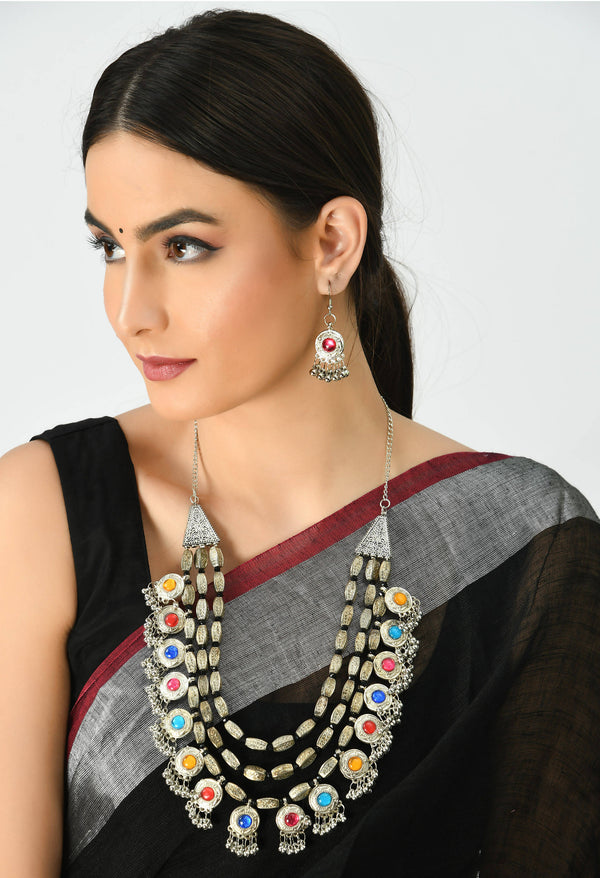 Kamal Johar Traditional Multi colour Stone Necklace with Earrings Jkms_120