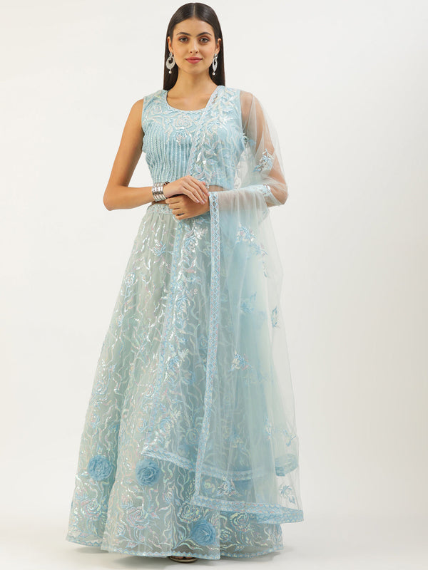 Women's Turquoise Blue Net Sequinse Work Fully-Stitched Lehenga & Stitched Blouse, Dupatta - Royal Dwells