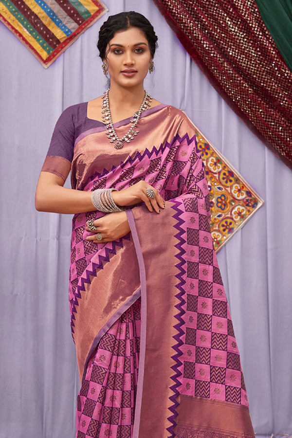 Women's Purple Cotton Woven Zari Work Traditional Tassle Saree - Sangam Prints