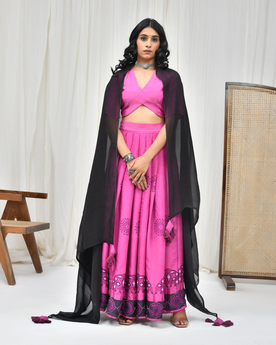 Women's Pink Ho Silk Print Lehenga Set - Pheeta