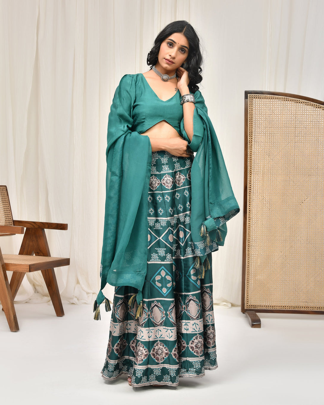 Women's Green Satin Georgette Print Lehenga Set - Pheeta