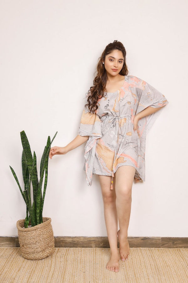 Women'S Brown And Orange Marble Printed Short Kaftan - Pheeta