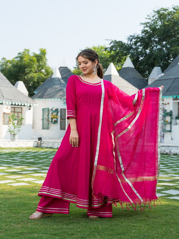 Women's Rani Pink Solid Anarkali Suit Palazzo Set Paired with Kota Doria Dupatta - Pheeta