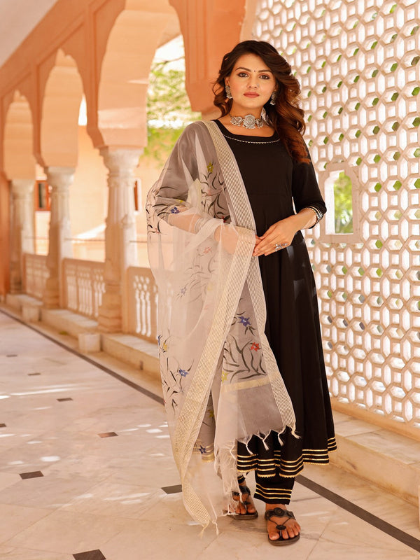 Women's Solid black suit set with hand painted organza dupatta - Pheeta