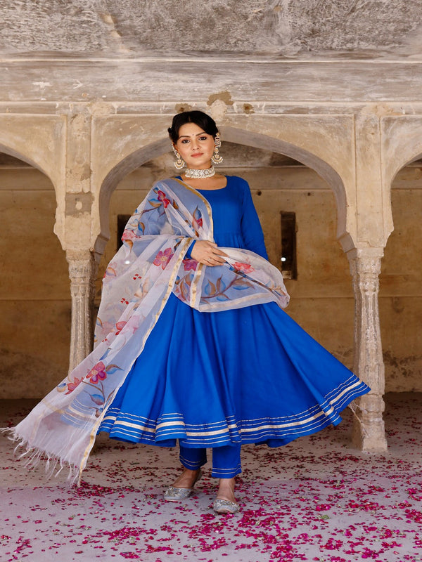 Women's Solid blue anarkali suit set with hand painted organza dupatta - Pheeta