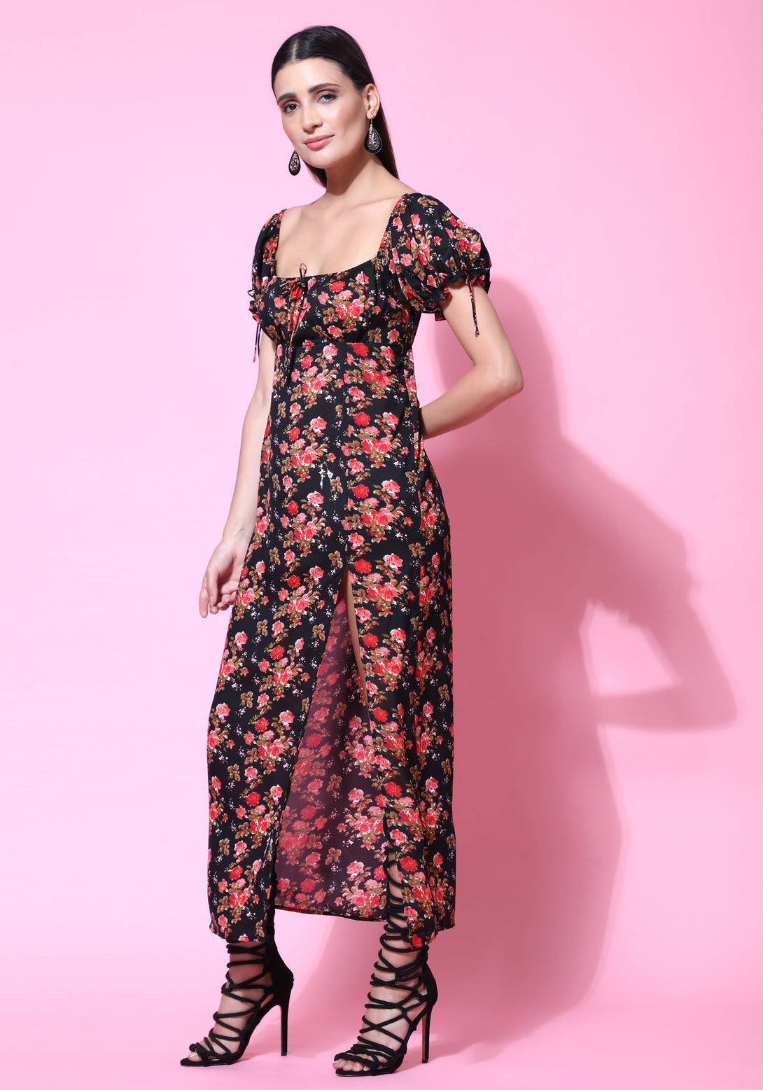 Women's Floral Printed Square Neck Puff Sleeves Satin Maxi Dress - Phenav