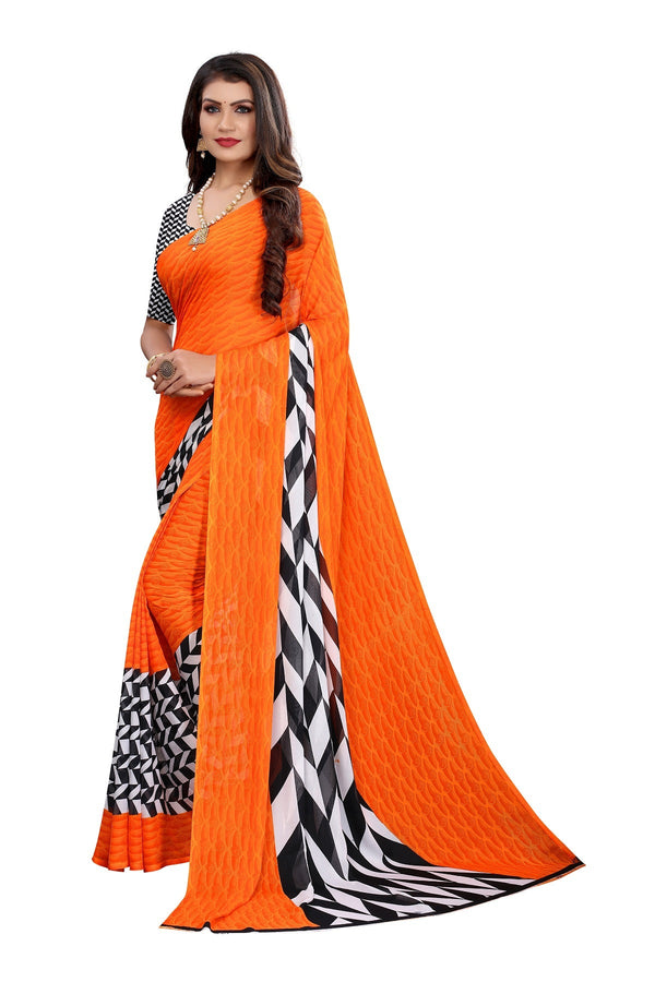 Women's Orange Printed Georgette Saree - Vamika