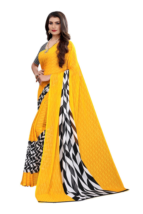 Women's Yellow Printed Georgette Saree - Vamika