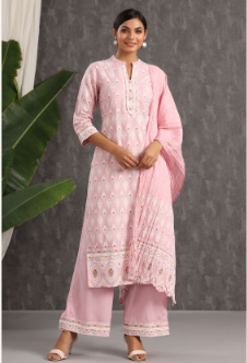 Women's Pink Rayon Printed Straight Kurta Palazzo Dupatta Set - Juniper