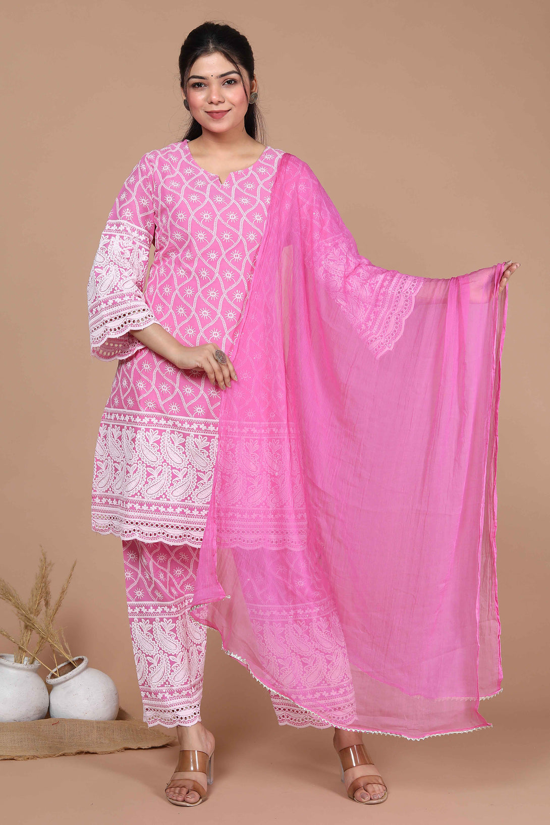 Women's Pink & White Chikankari Pure Cotton Kurta & Palazzo Dupatta - Miravan