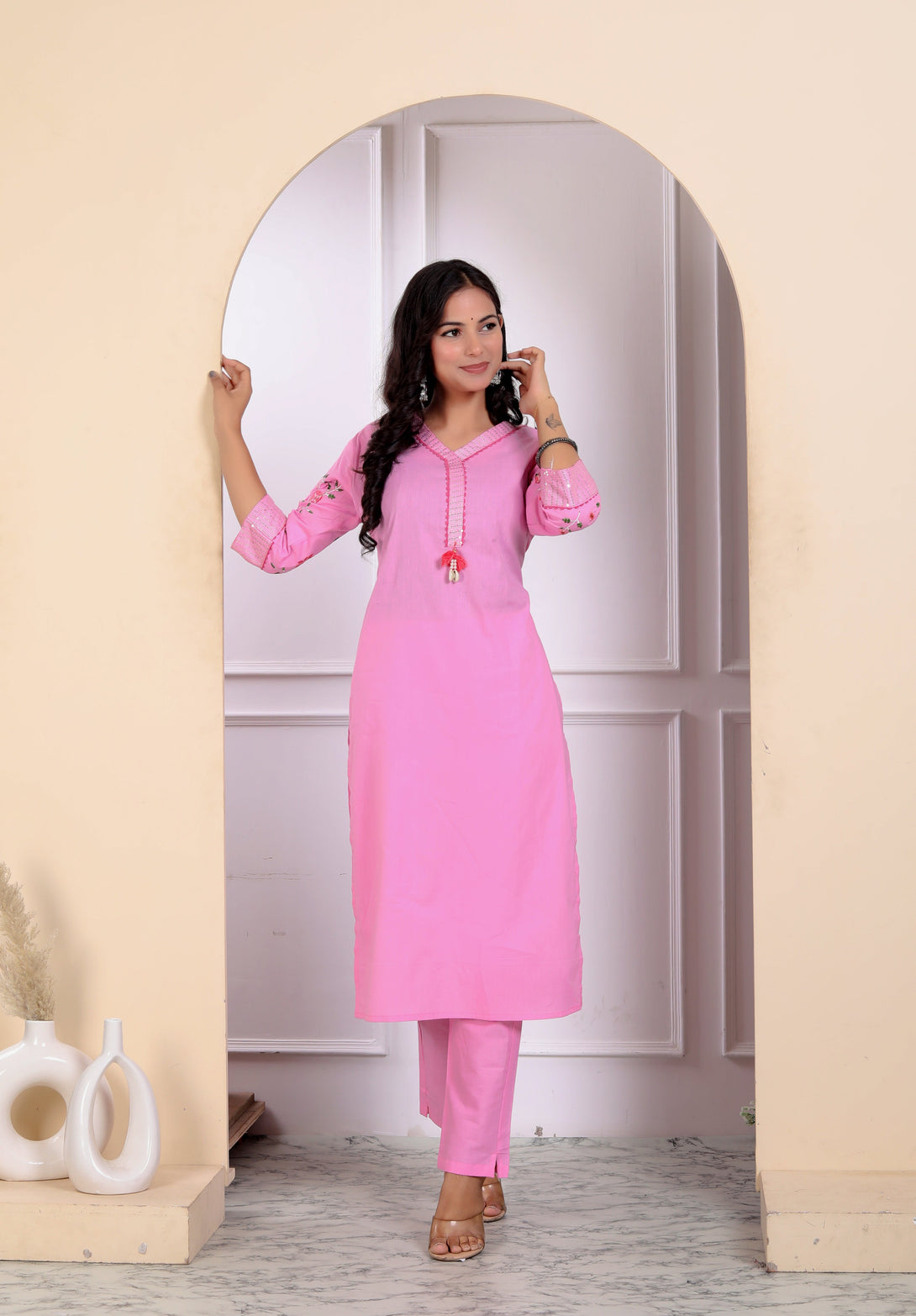 Women's Embroidery And Lace Work Pink Pakistani Kurta With Palazzo Set - Miravan