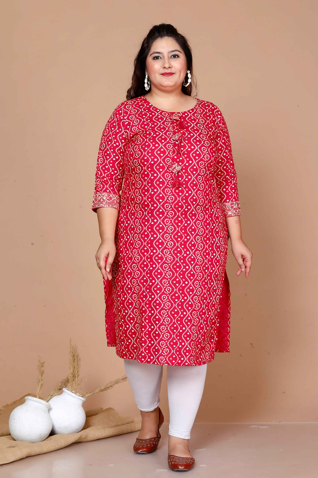 Women's Plus Size Pink Bandhani Pakistani Straight Kurti - Miravan