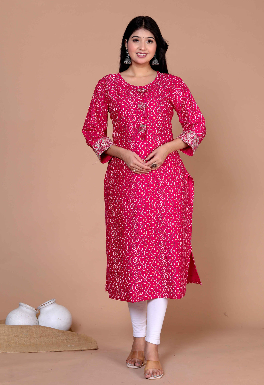 Women's Pink Bandhani Printed Embroidered Straight Kurti - Miravan