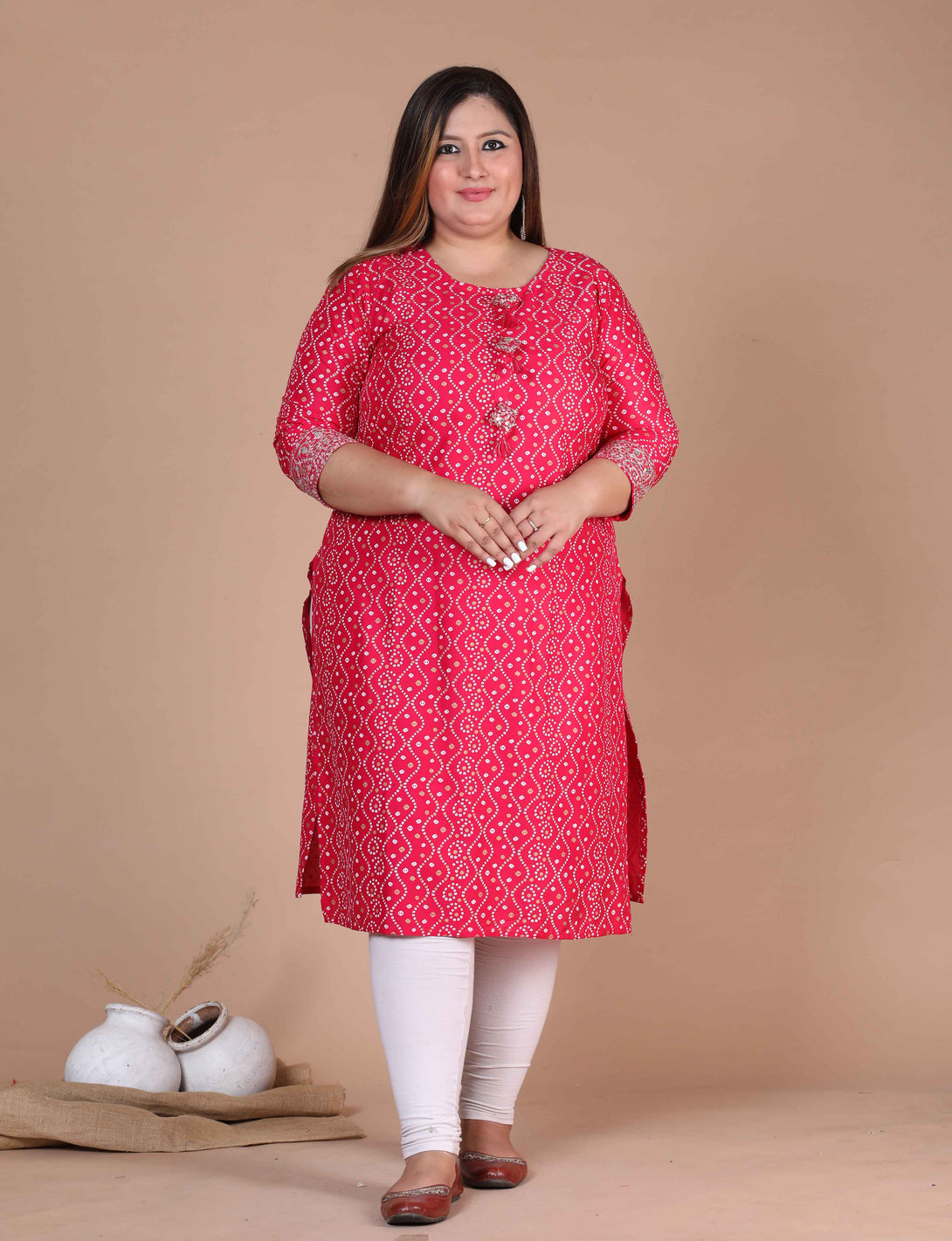 Women's Plus Size Pink Bandhani Pakistani Straight Kurti - Miravan