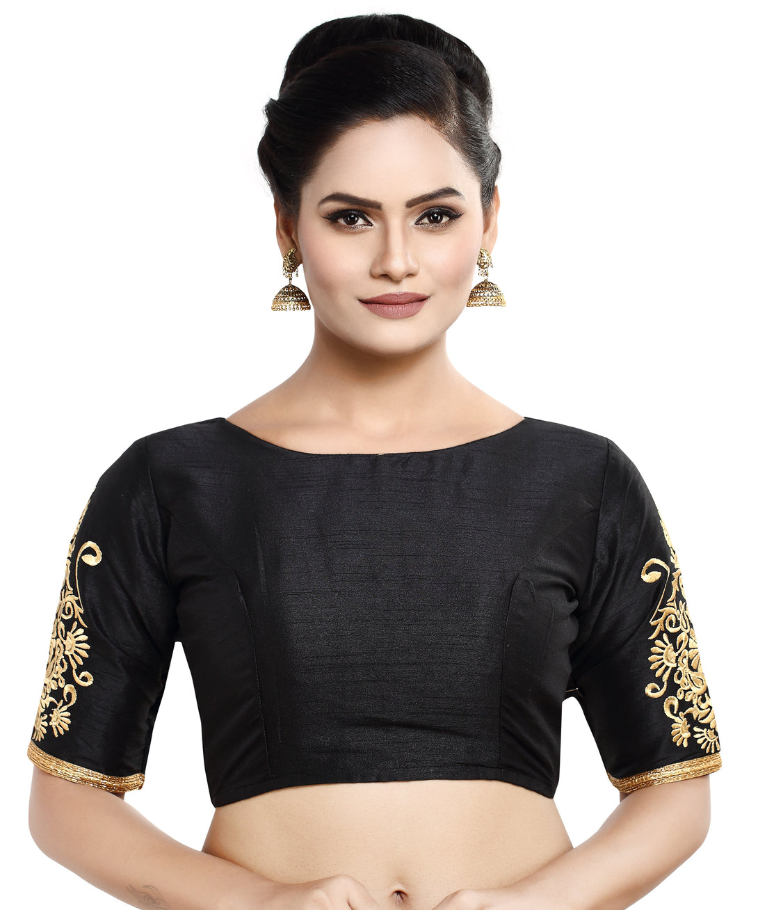 Women'S Poly Raw Silk Readymade Saree Blouse With Embroidered Sleeves - Madhu Fashion