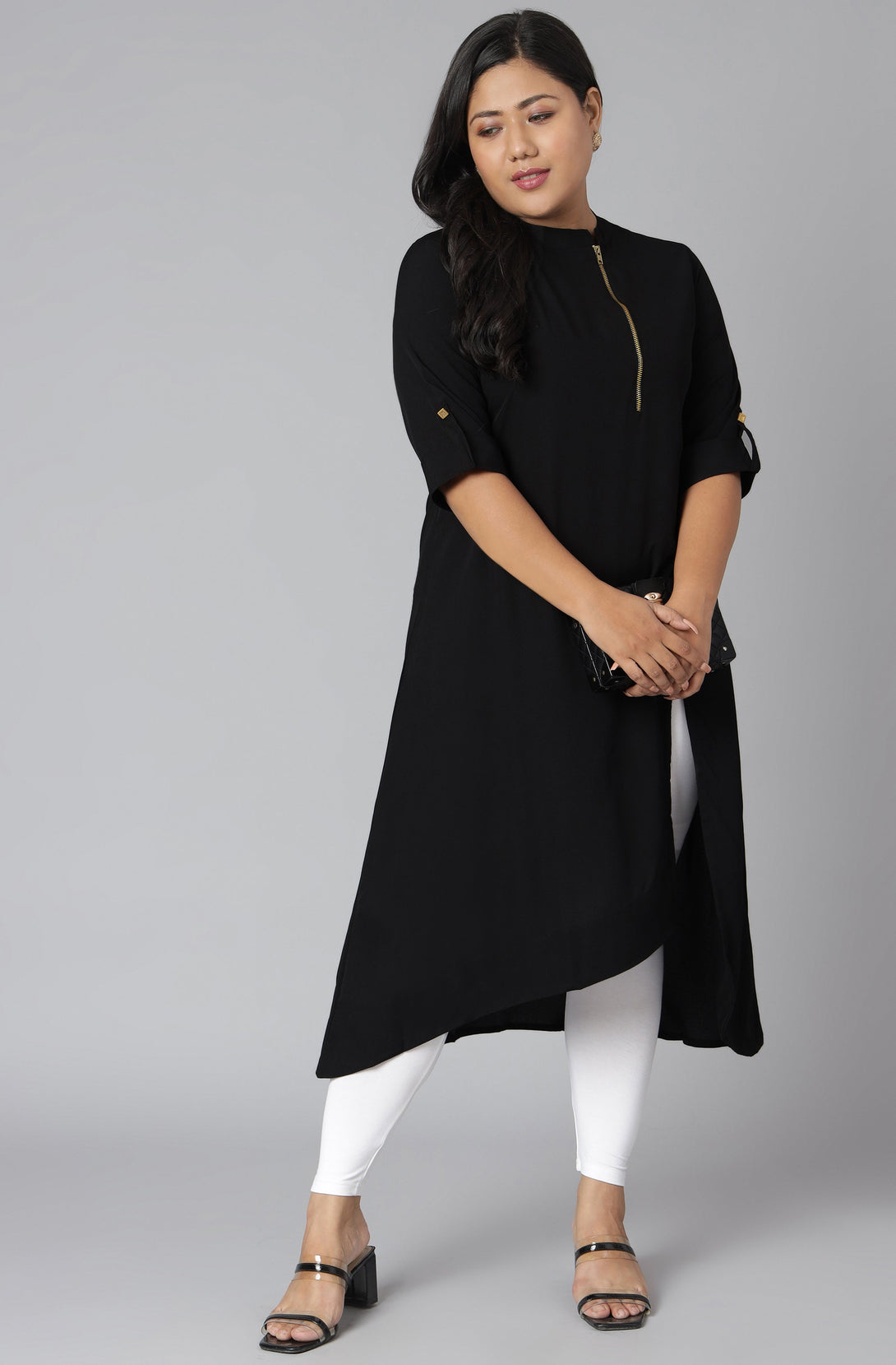 Women's Black Poly Crepe Kurta - Janasya