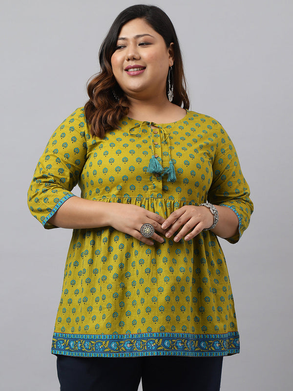 Women's Floral Printed Green Cotton Tunics - Janasya