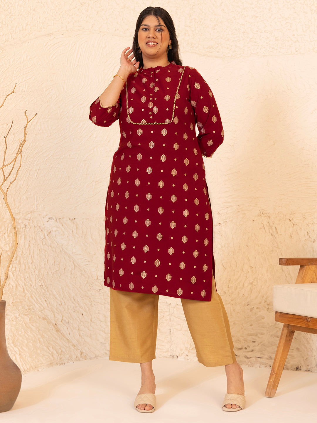 Women's Brick Red Crepe Foil Printed Kurta - Janasya